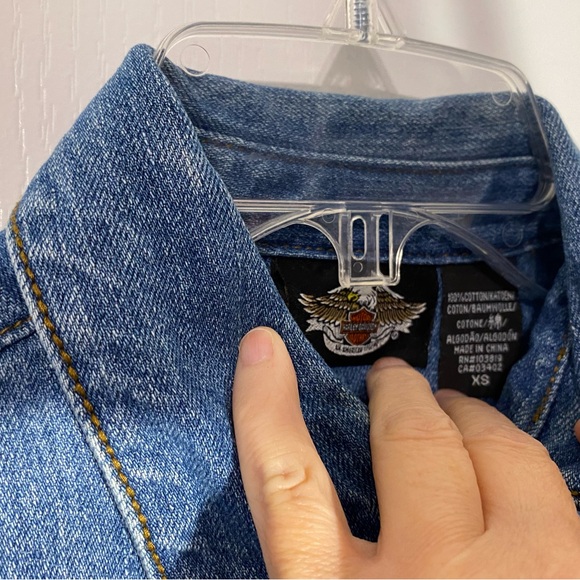 Y2K HARLEY DAVIDSON Studded & Embroidered Button Down Denim Shirt Jacket Shacket - Picture 6 of 8